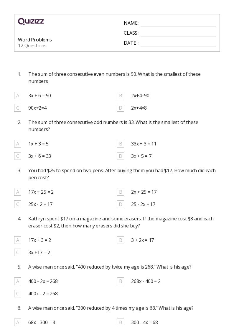50+ Math Word Problems worksheets for 7th Grade on Quizizz | Free