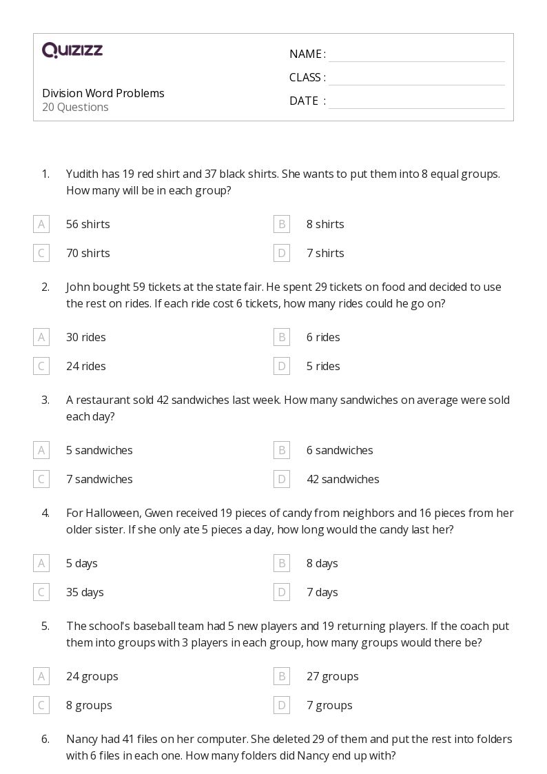 50+ Division Word Problems worksheets for 4th Grade on Quizizz | Free