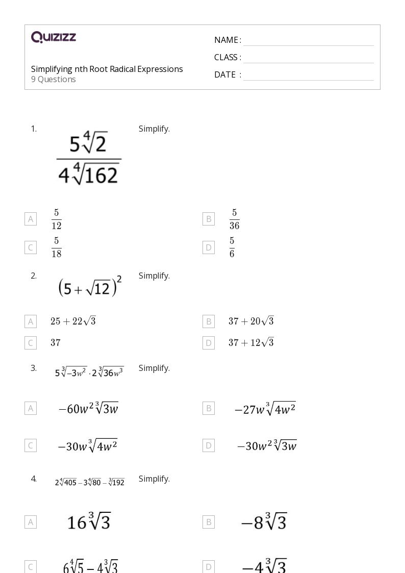 50+ Radical Expressions worksheets on Quizizz | Free & Printable