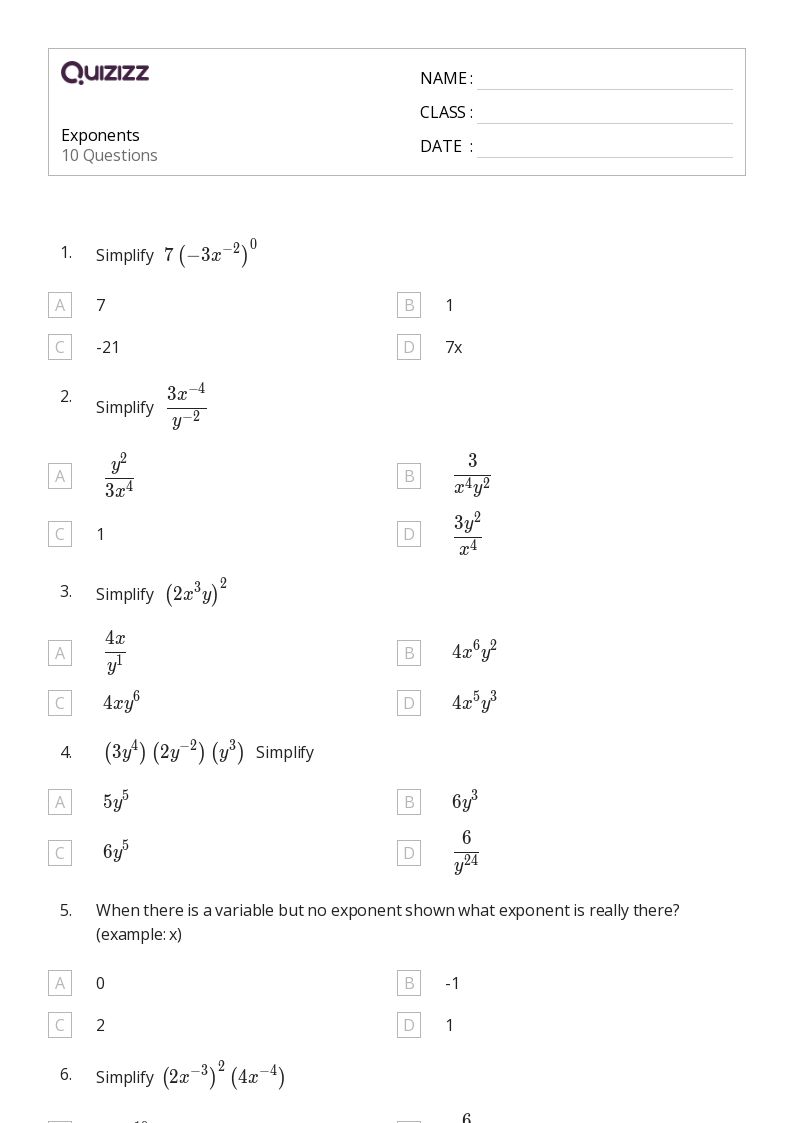 50+ Exponents worksheets for 7th Grade on Quizizz | Free & Printable