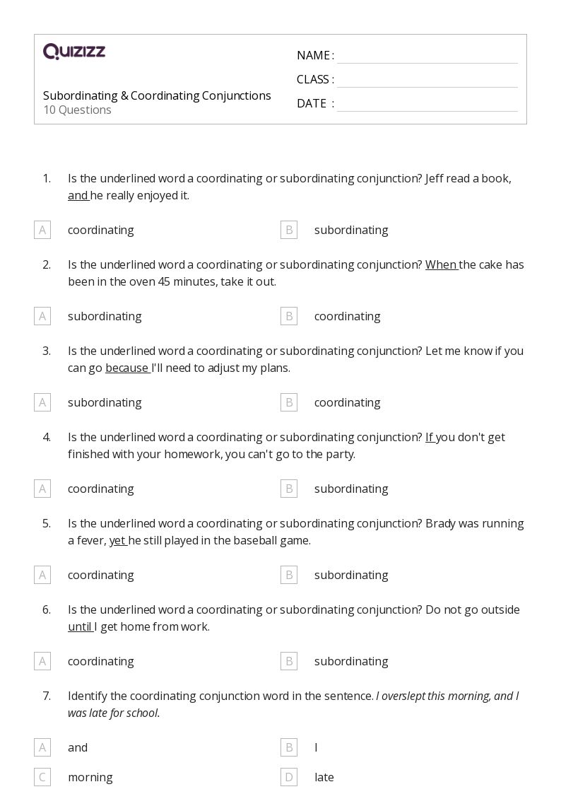 50+ Coordinating Conjunctions worksheets for 8th Class on Quizizz Free & Printable