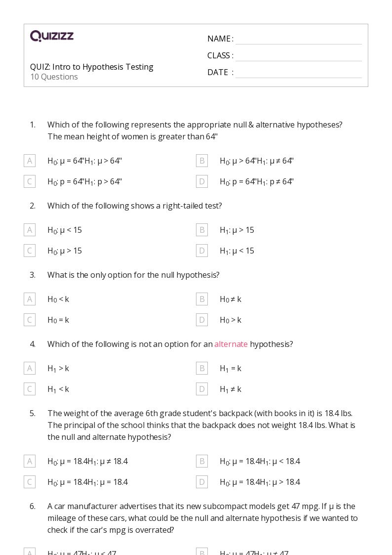 50+ hypothesis testing worksheets for 12th Grade on Quizizz Free