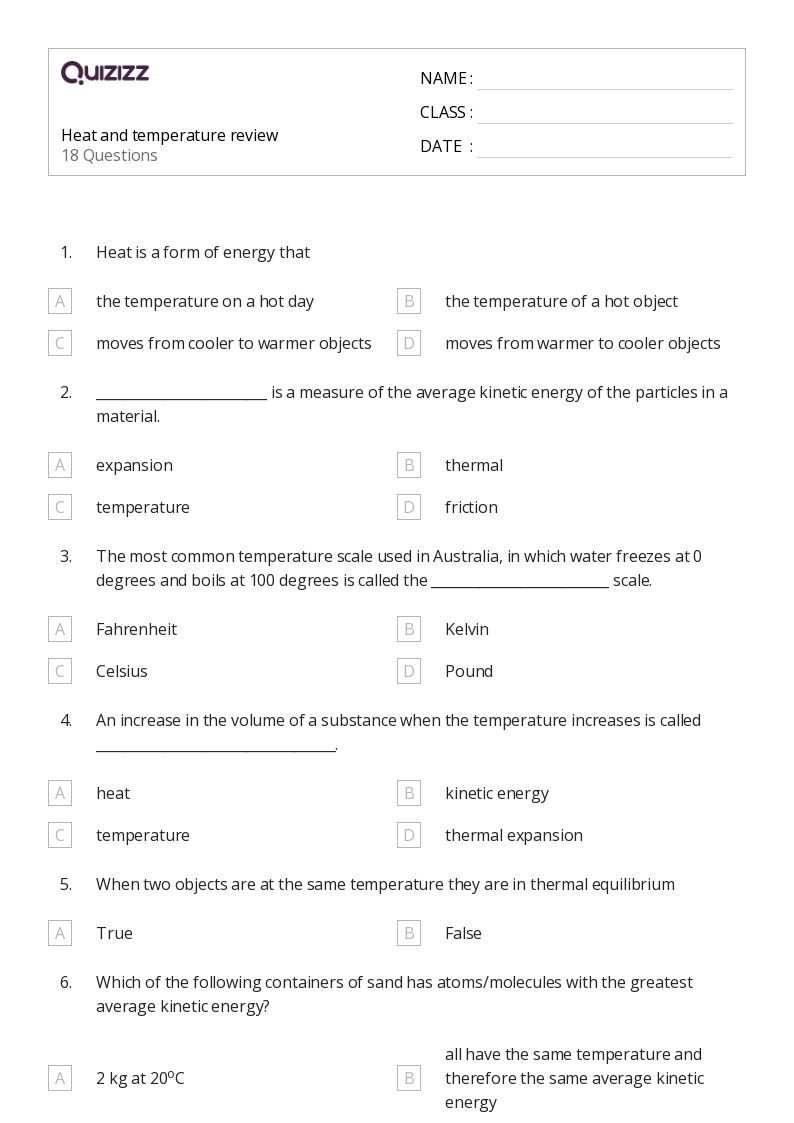 50+ heat transfer and thermal equilibrium worksheets on Quizizz Free & Printable