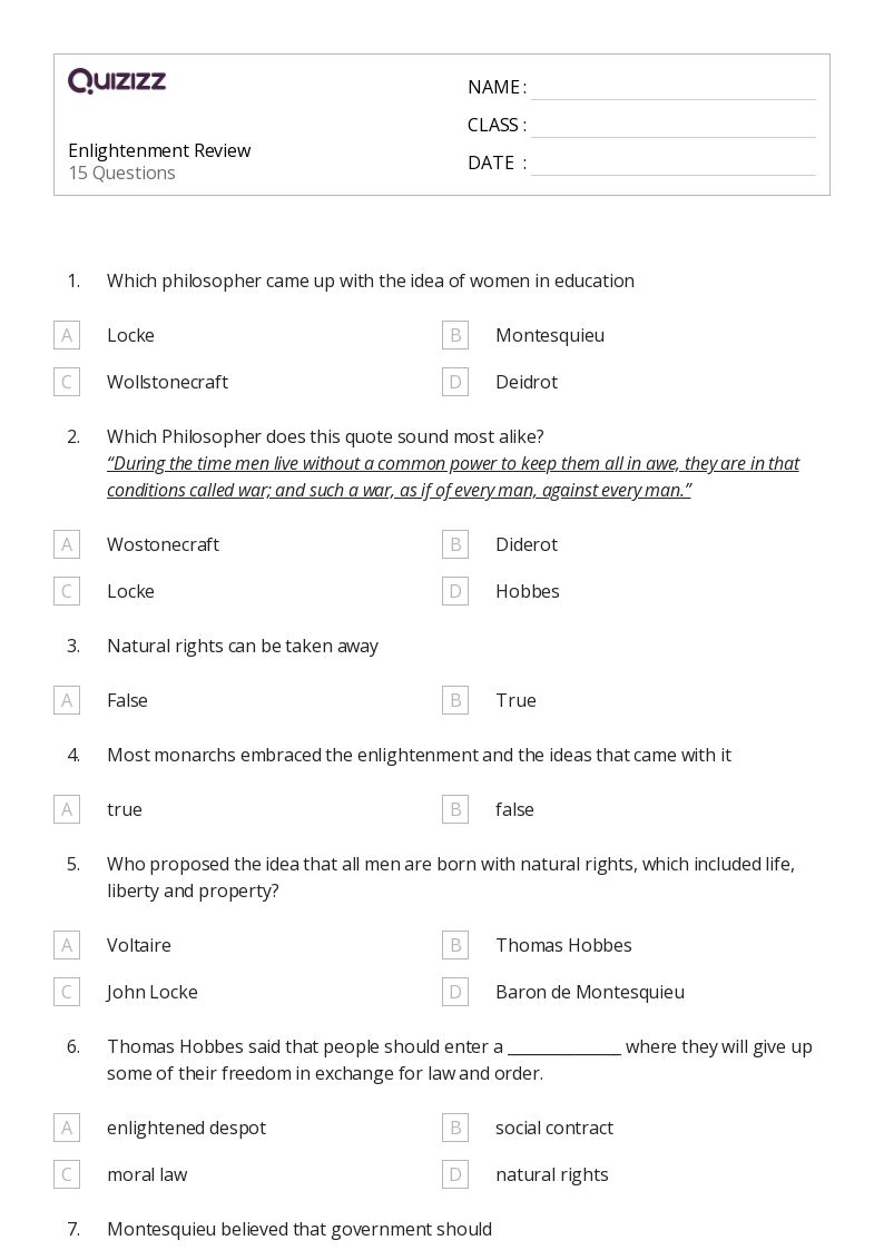 50+ the enlightenment worksheets for 8th Year on Quizizz Free & Printable