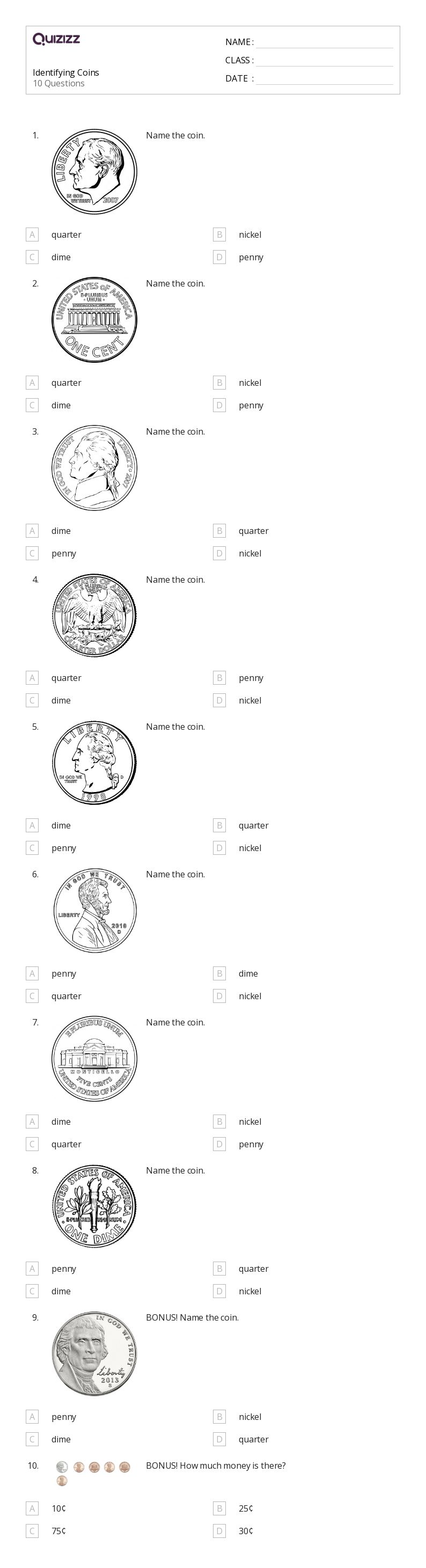 50+ Identifying Coins worksheets on Quizizz | Free & Printable
