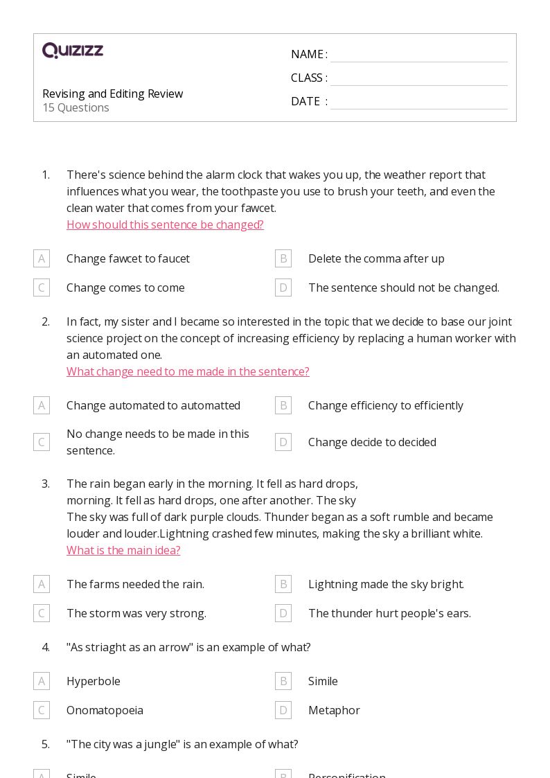 50+ Editing worksheets for 7th Grade on Quizizz | Free & Printable