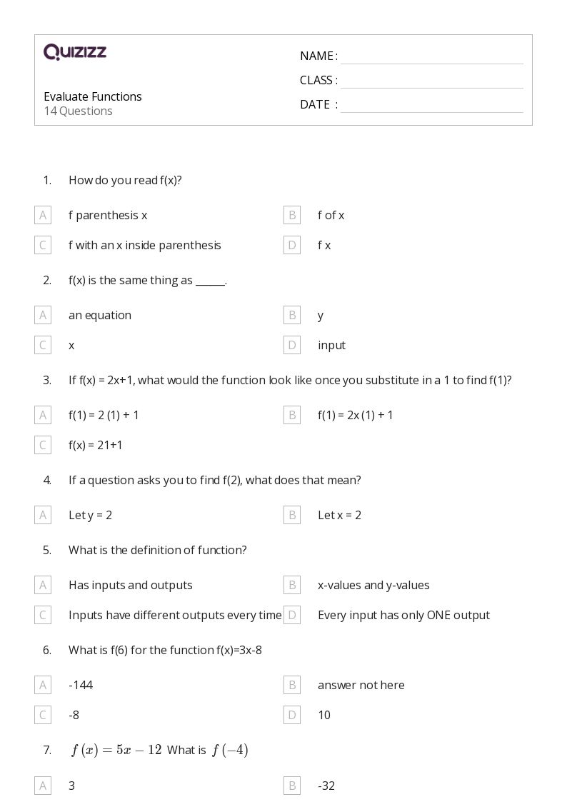 50+ Functions worksheets for 8th Grade on Quizizz Free & Printable