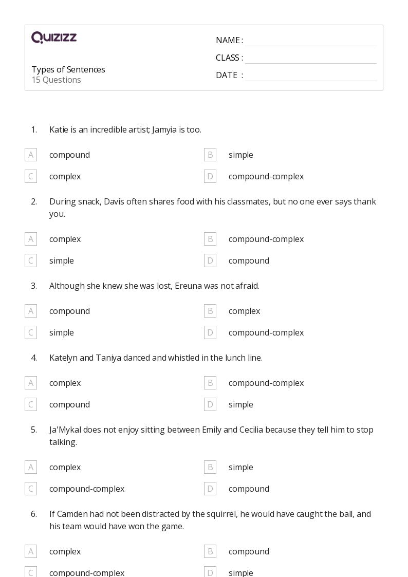 50+ Types of Sentences worksheets for 7th Grade on Quizizz Free & Printable