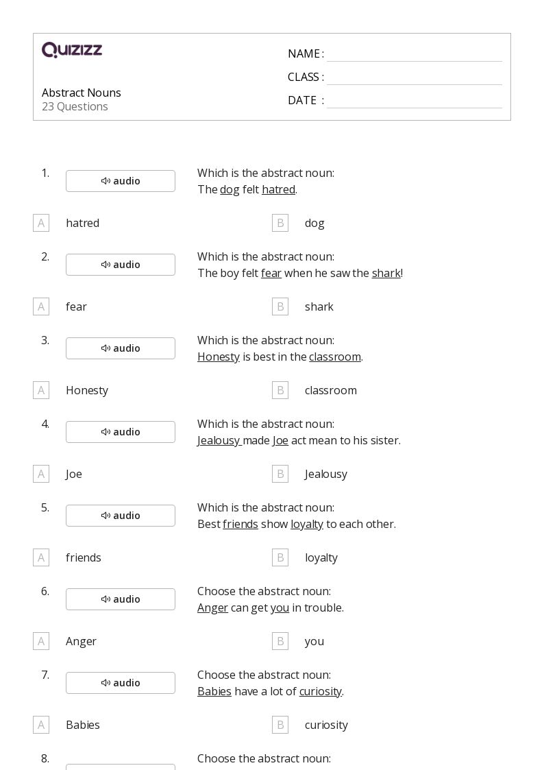50+ Abstract Nouns worksheets for 3rd Grade on Quizizz Free & Printable