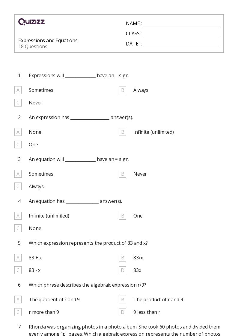 50+ Understanding Expressions and Equations worksheets for 6th Year on Quizizz Free & Printable
