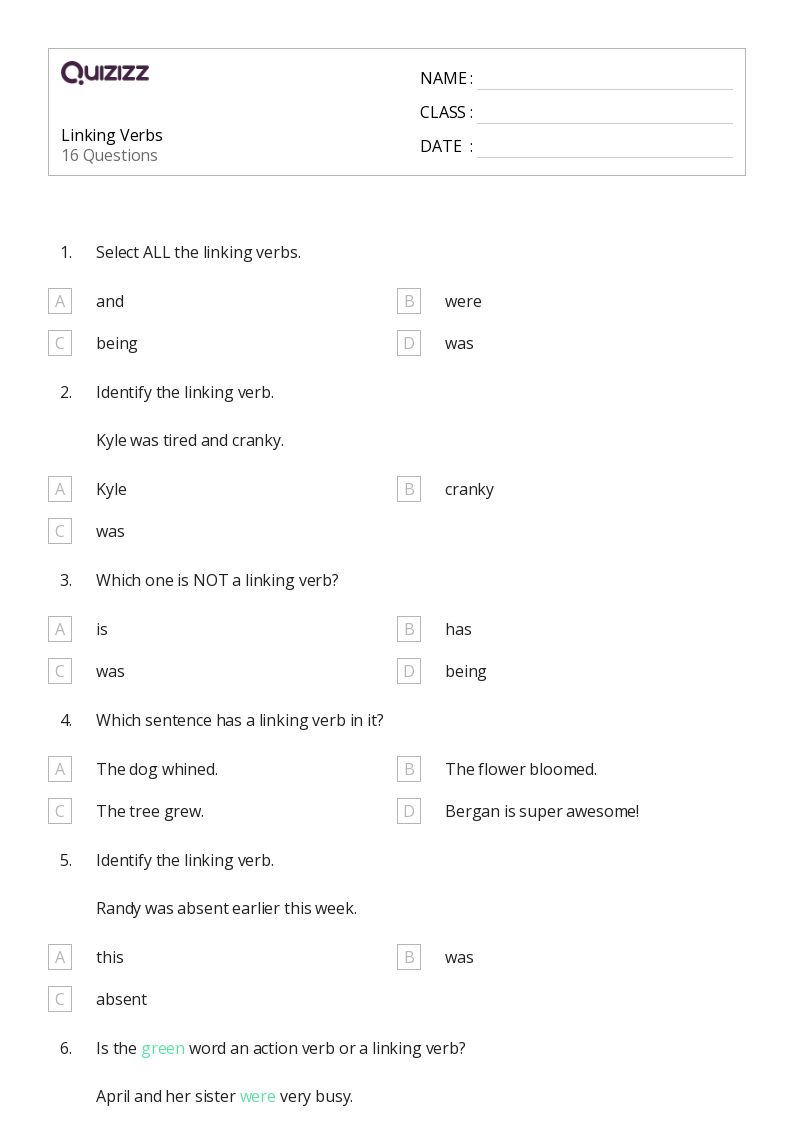 50+ Linking Verbs worksheets on Quizizz Free & Printable
