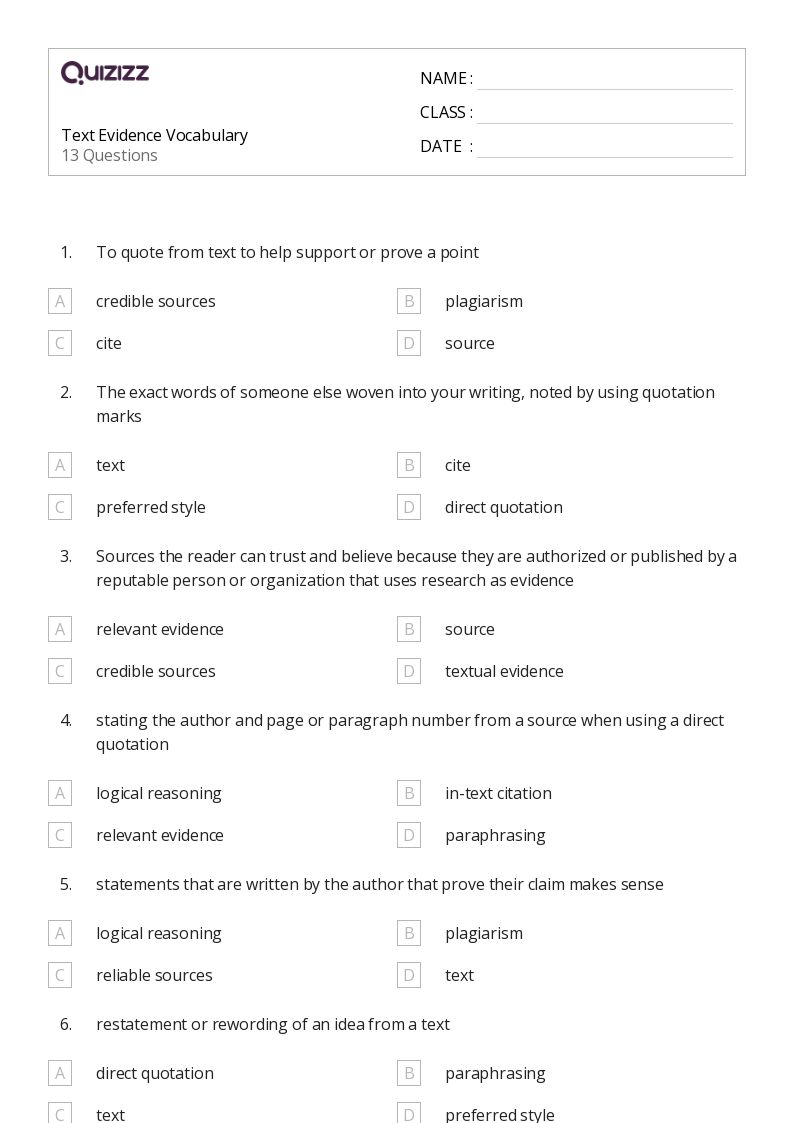 50+ Text Evidence worksheets on Quizizz | Free & Printable