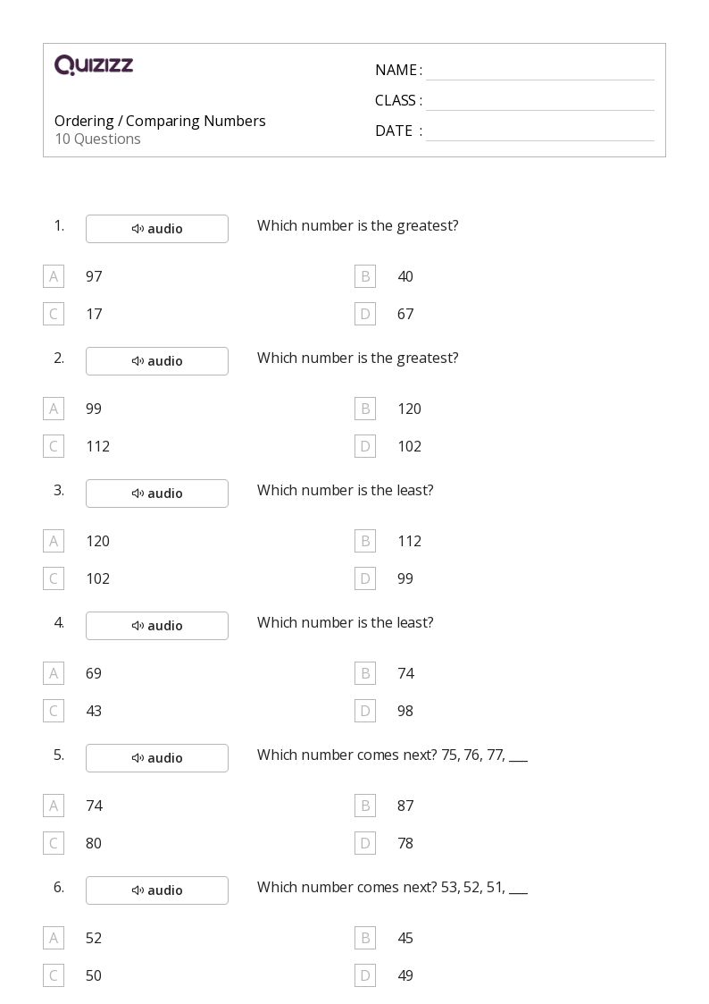 50+ Ordering Numbers 1120 worksheets for 1st Grade on Quizizz Free & Printable