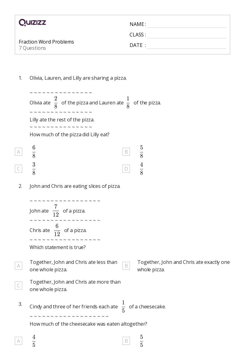 50+ Fraction Word Problems worksheets for 8th Grade on Quizizz | Free
