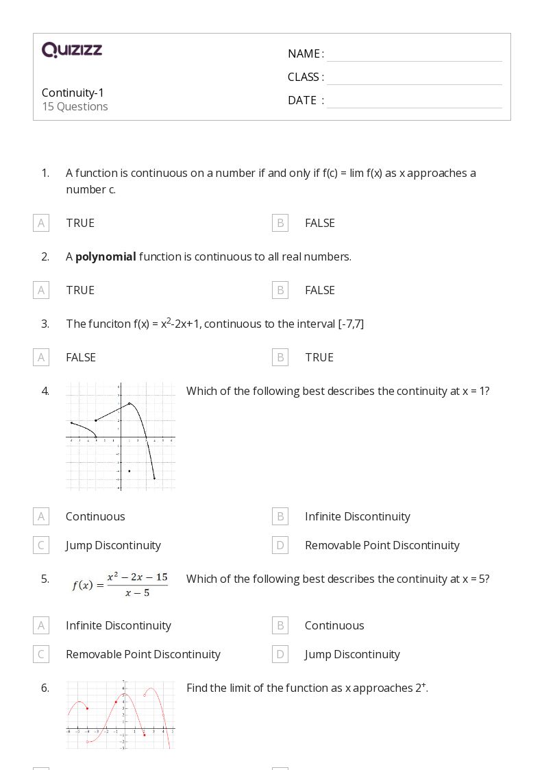 50+ limits and continuity worksheets for 12th Class on Quizizz | Free