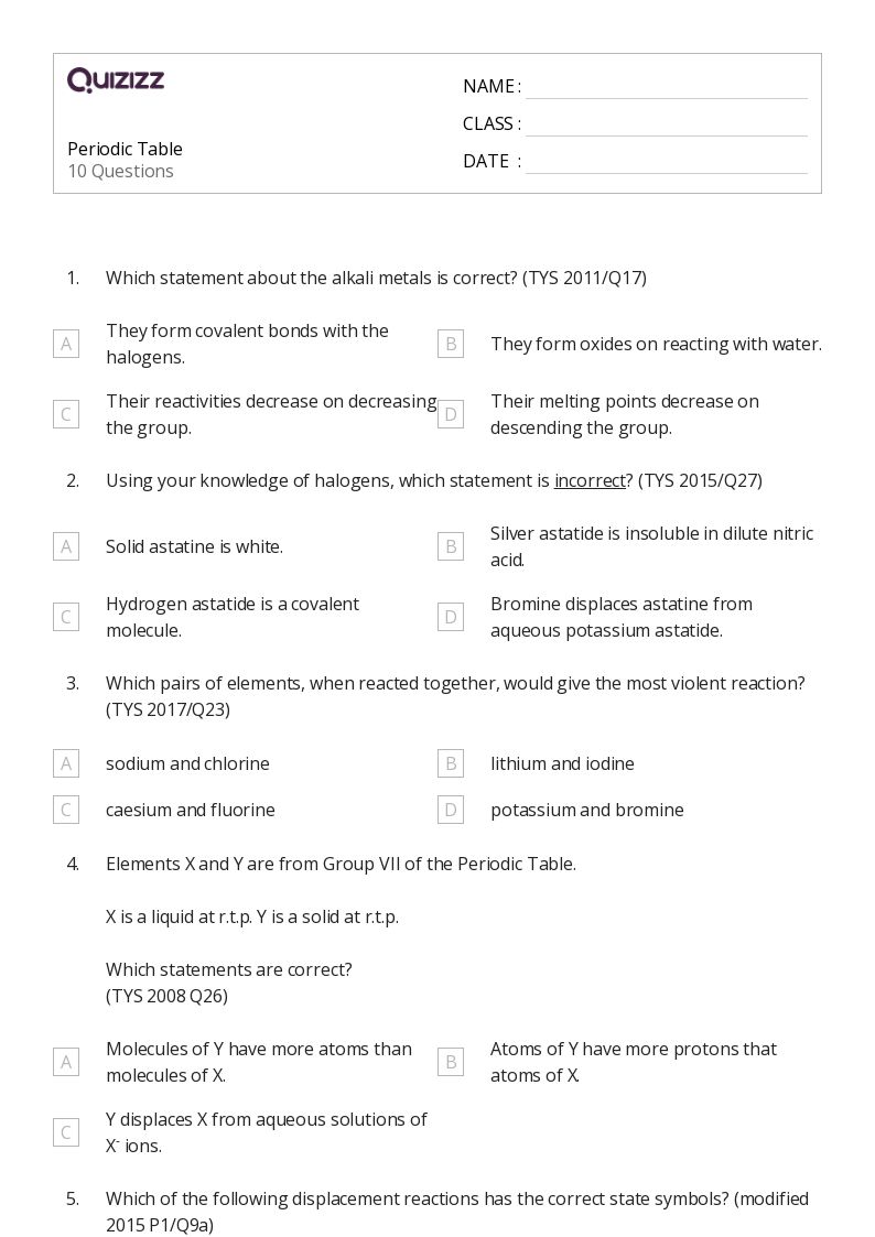 50+ periodic table worksheets for 12th Class on Quizizz Free & Printable