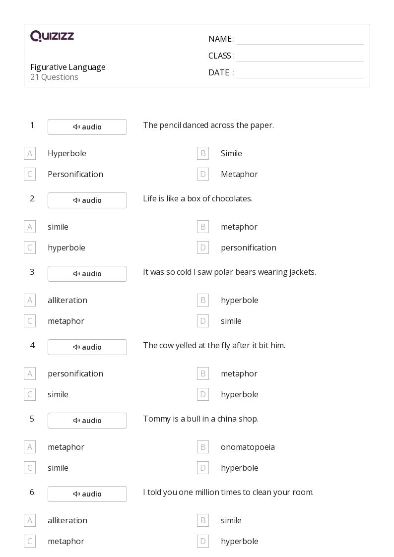 50+ Figurative Language worksheets for 8th Grade on Quizizz Free
