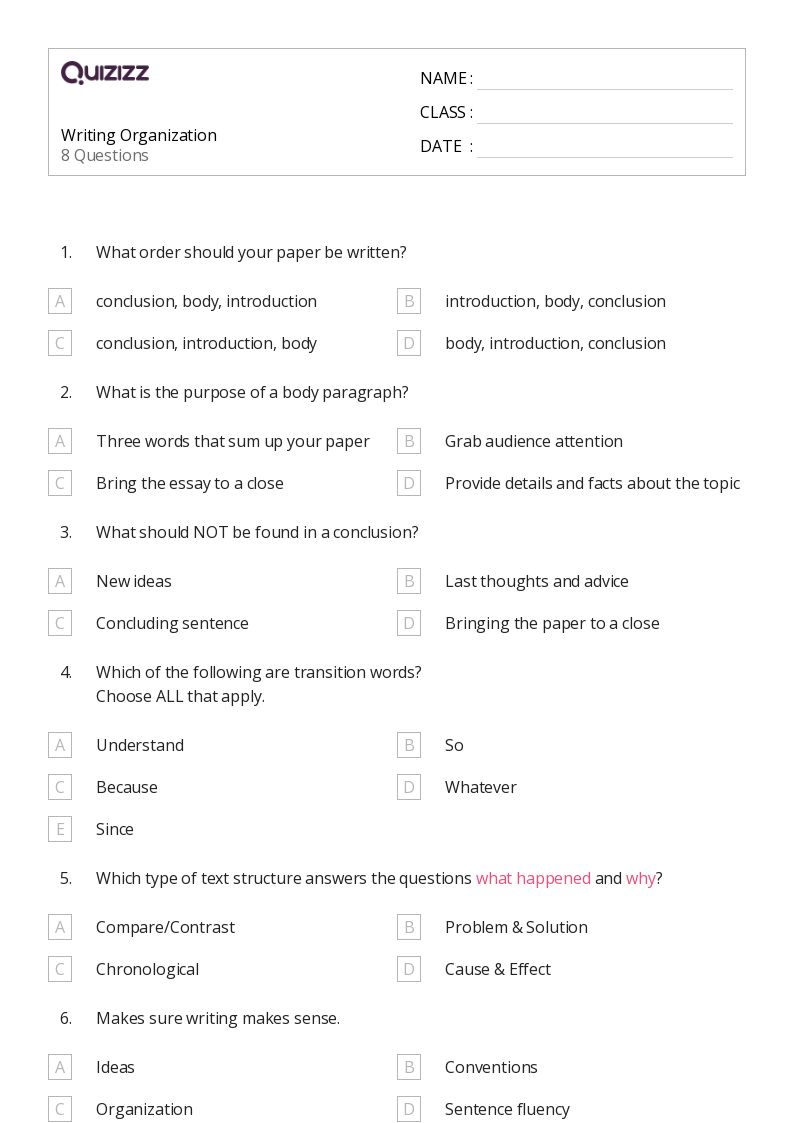 50+ Writing Organization and Structure worksheets for 4th Grade on Quizizz Free & Printable