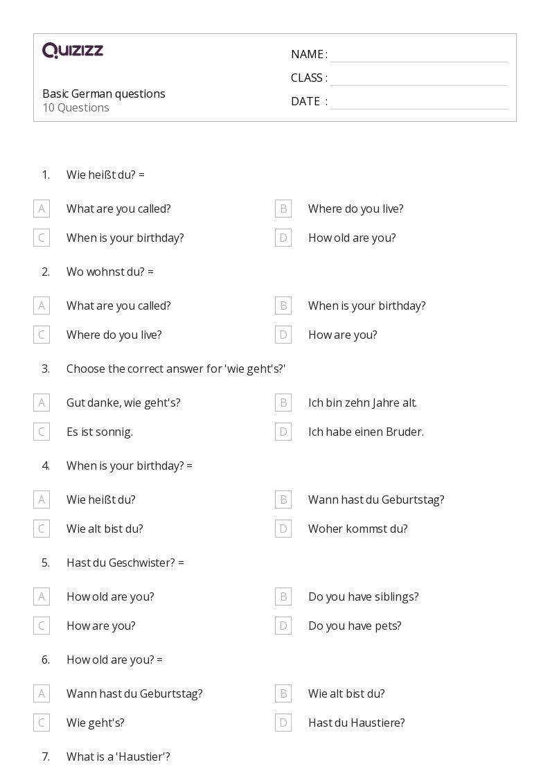 50+ German worksheets on Quizizz Free & Printable