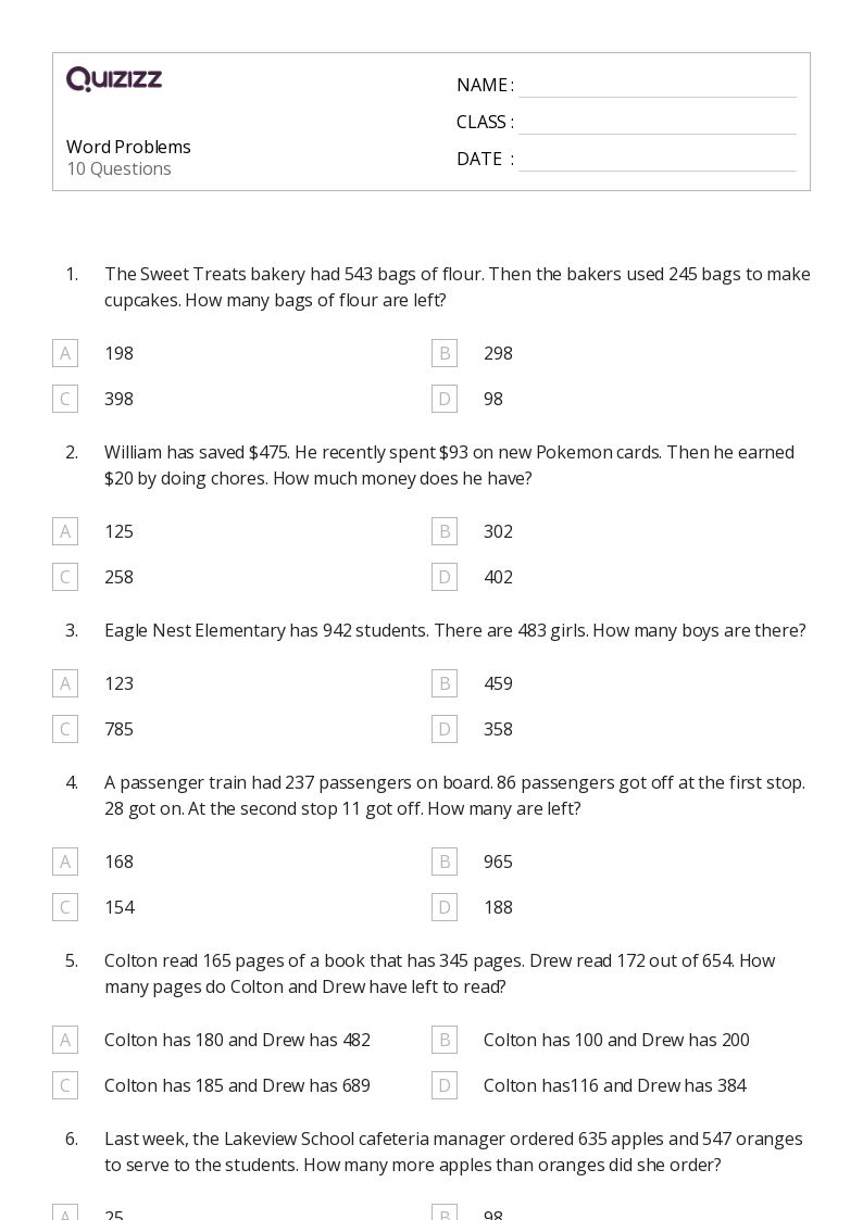 Printable Data Word Problems Worksheets for Class 2 Quizizz