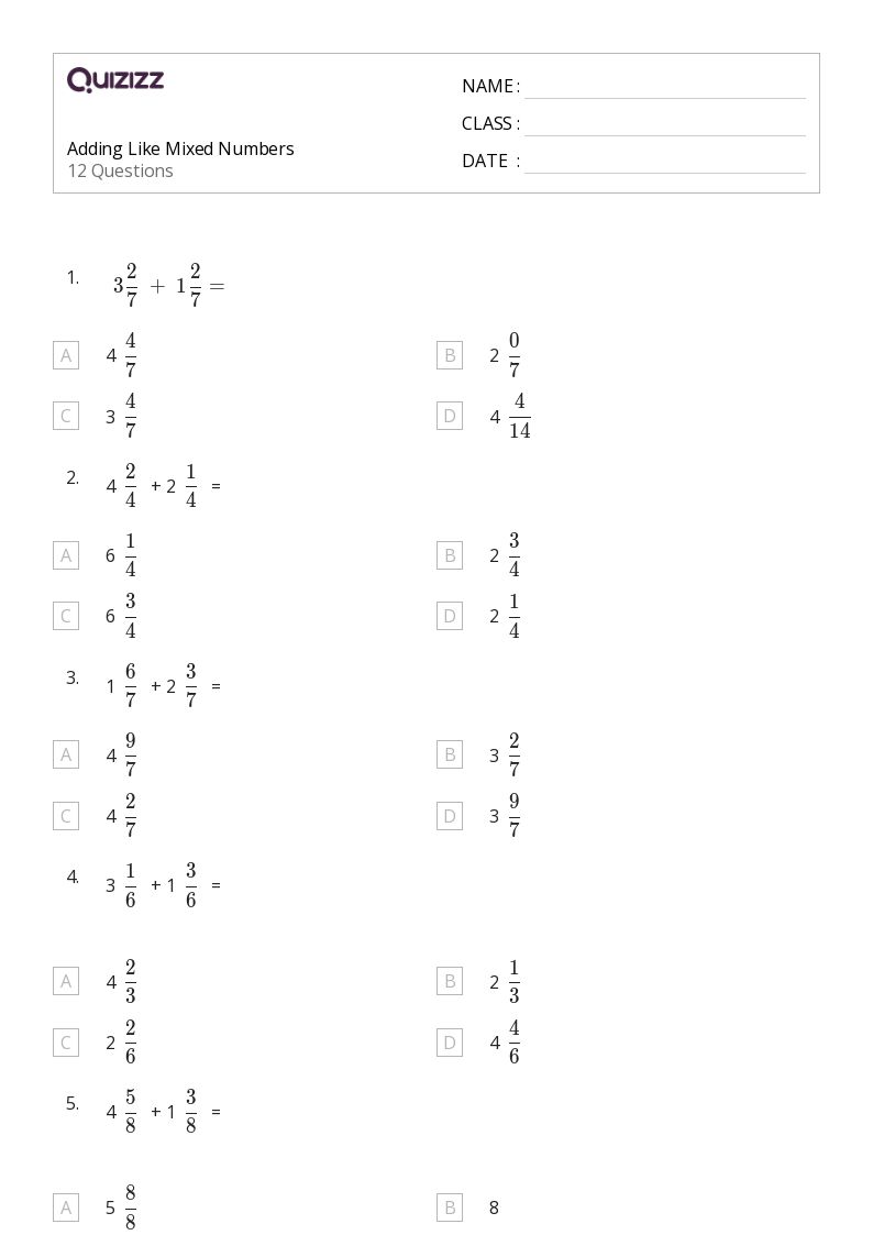 50+ Subtracting Mixed Numbers worksheets for 1st Grade on Quizizz