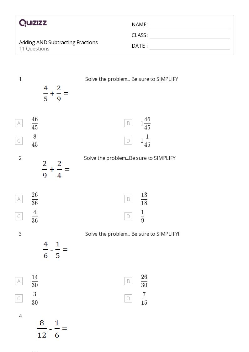 50+ Adding and Subtracting Fractions worksheets for 6th Grade on Quizizz Free & Printable