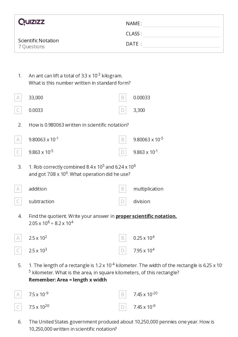 50+ Scientific Notation worksheets for 7th Grade on Quizizz Free & Printable