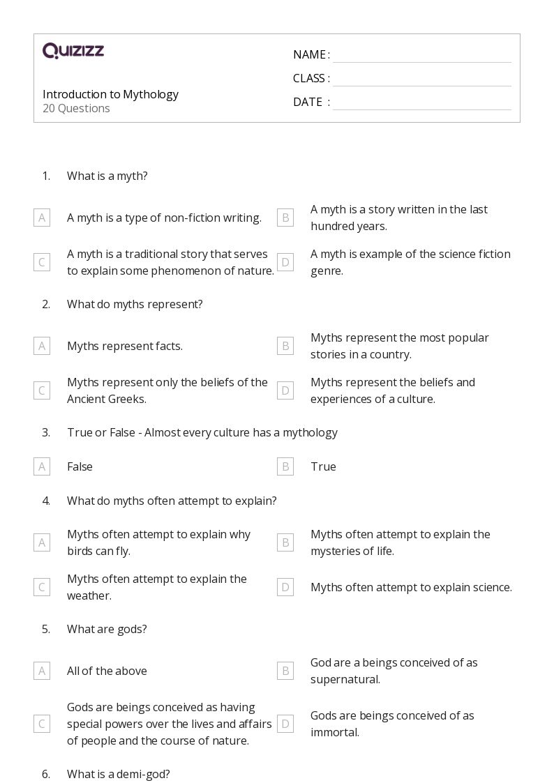 50+ Myths worksheets for 7th Grade on Quizizz Free & Printable