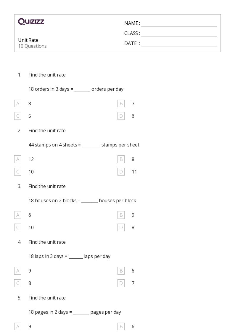 Hơn 50 trang tính Tỷ lệ và rate cho Lớp 5 trên Quizizz Miễn phí & Có