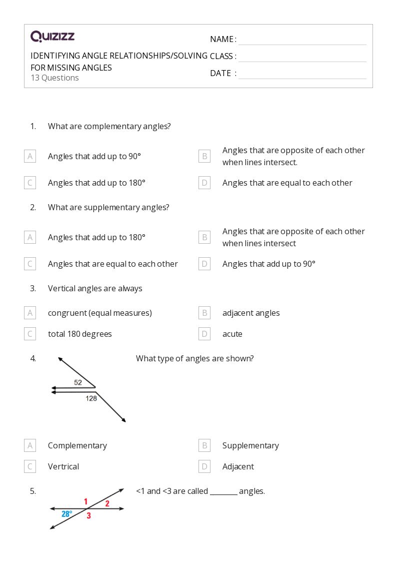 50+ Complementary, Supplementary, Vertical, and Adjacent Angles worksheets for 7th Year on