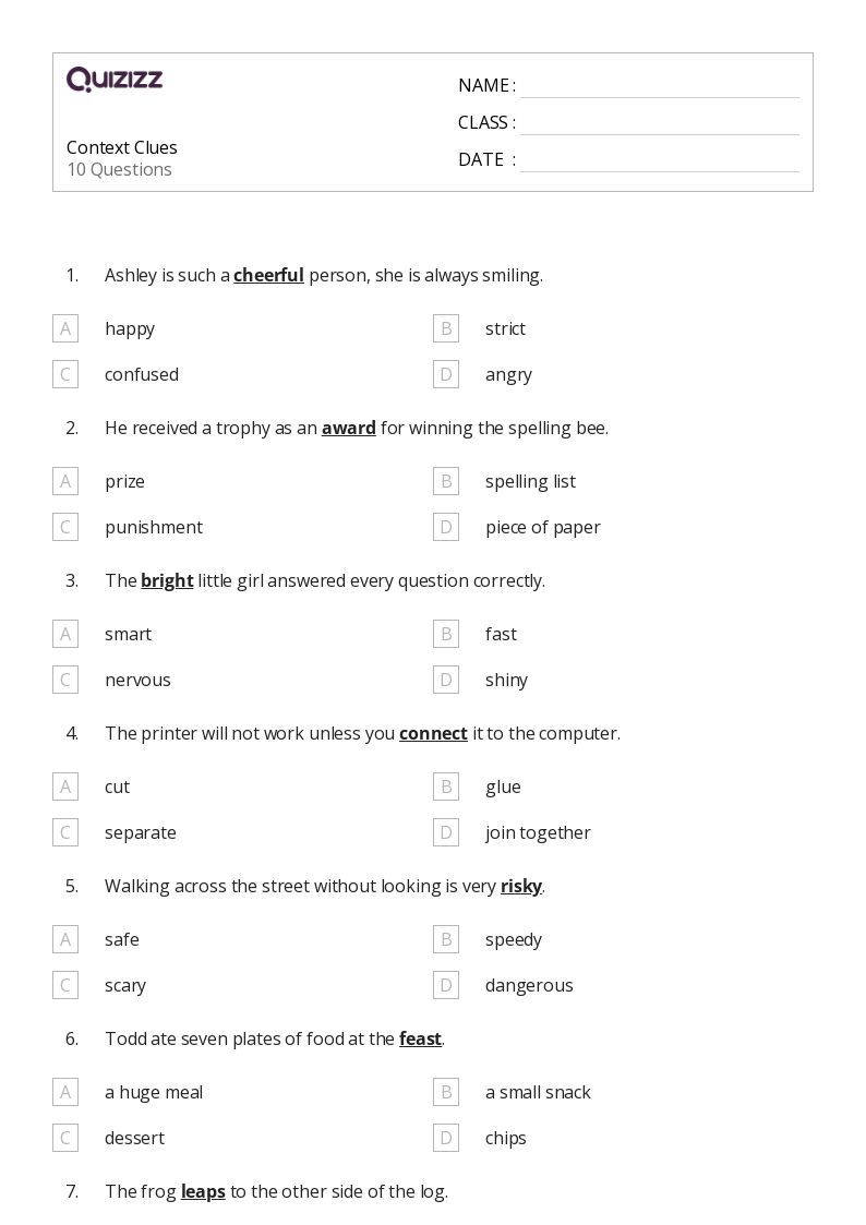 50+ Determining Meaning Using Context Clues worksheets for 1st Grade on Quizizz Free & Printable
