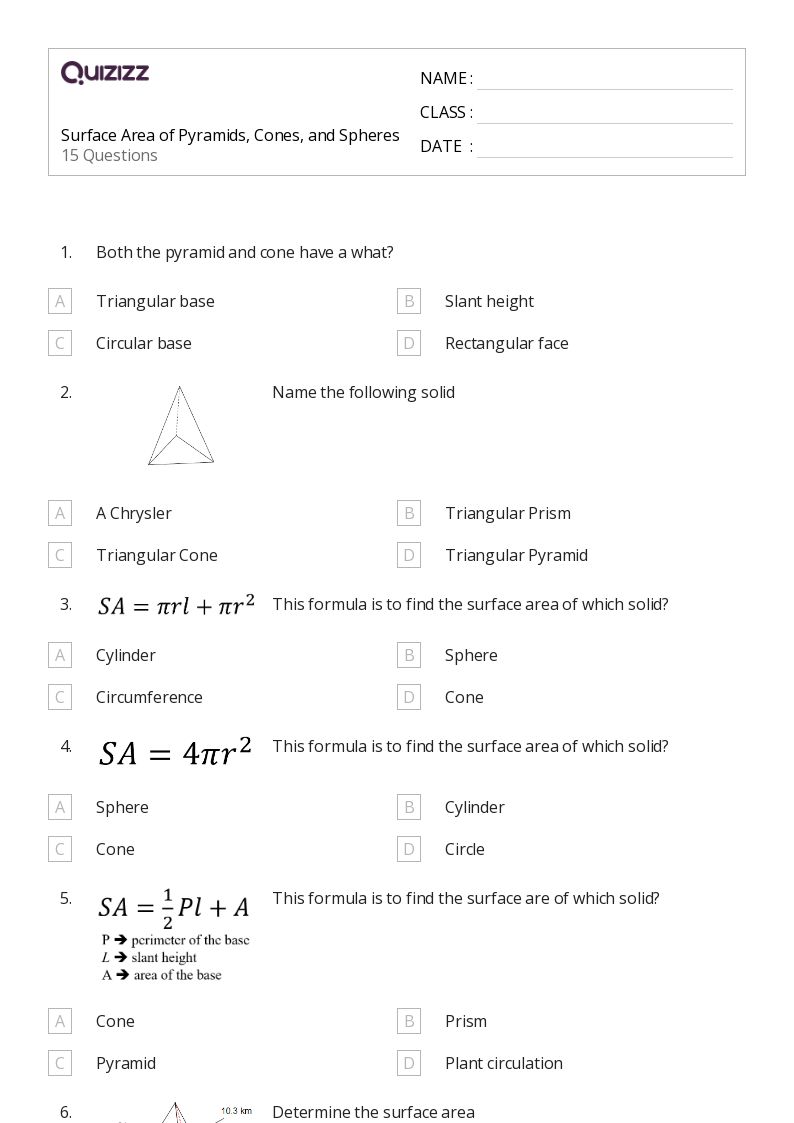Printable volume and surface area of cones Worksheets Quizizz