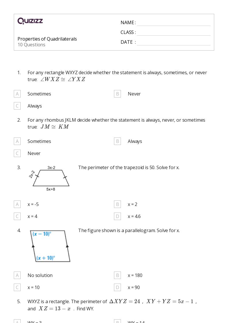 50+ properties of quadrilaterals worksheets for 10th Class on Quizizz
