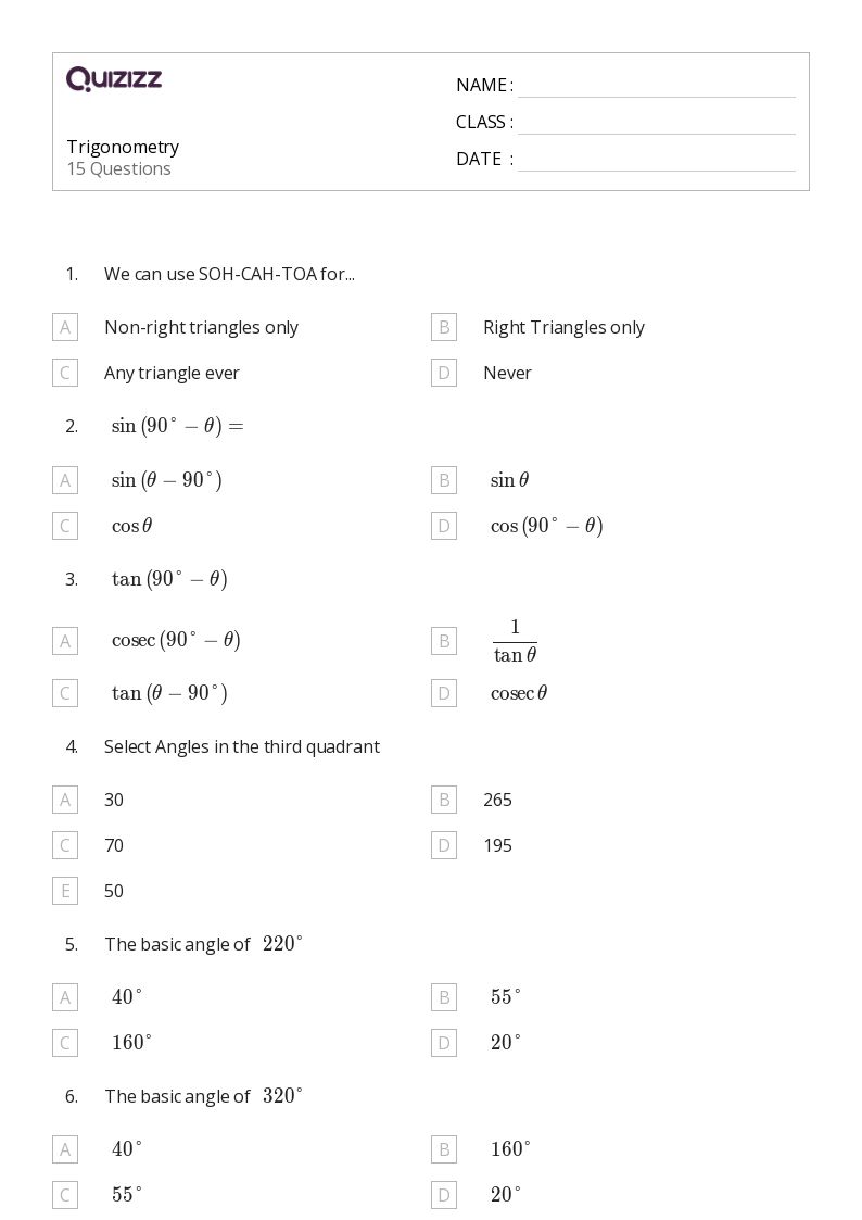 50+ Trigonometry worksheets for 11th Year on Quizizz Free & Printable