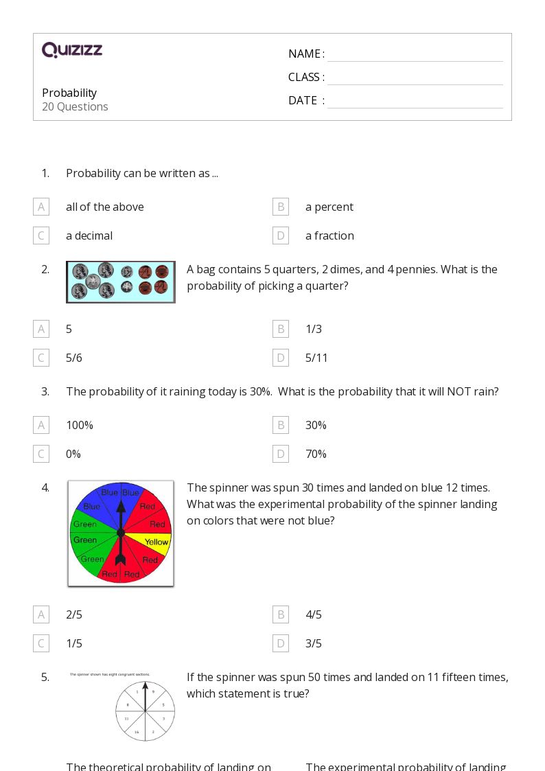 50+ Probability worksheets for 6th Grade on Quizizz Free & Printable