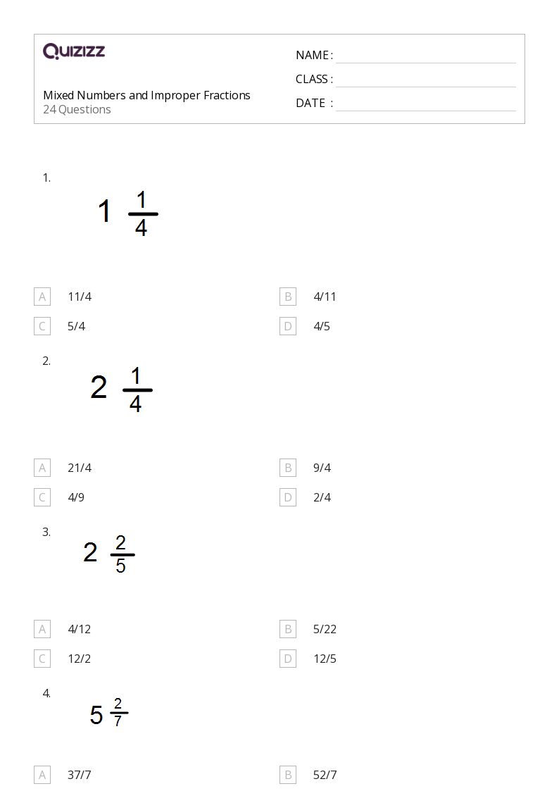 50+ Mixed Numbers and Improper Fractions worksheets for 6th Grade on Quizizz Free & Printable