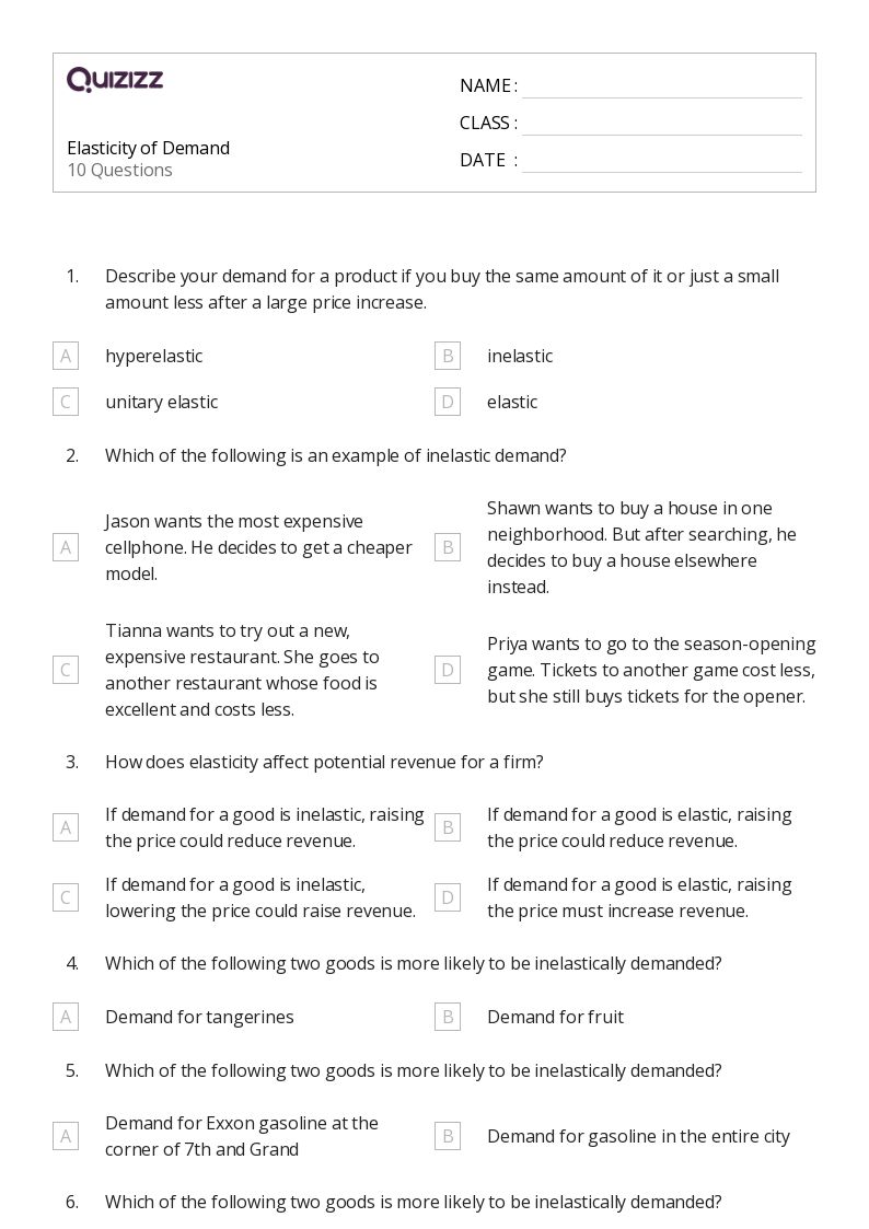 50+ demand and price elasticity worksheets on Quizizz Free & Printable