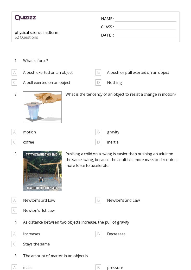 50+ Physical Science worksheets for 9th Grade on Quizizz Free & Printable
