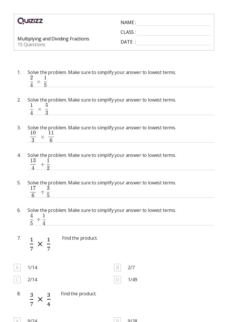 50+ Multiplying and Dividing Fractions worksheets for 5th Grade on Quizizz Free & Printable