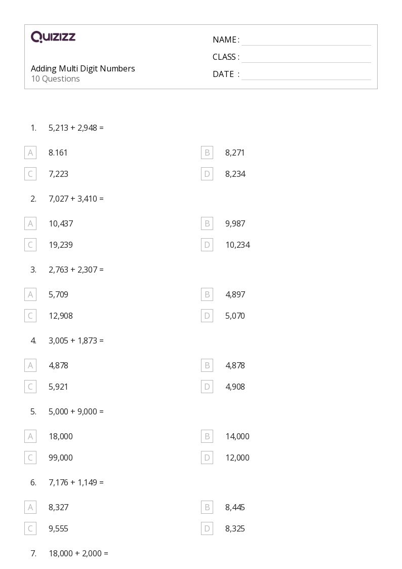 50+ Multi-Digit Numbers worksheets for 4th Class on Quizizz | Free