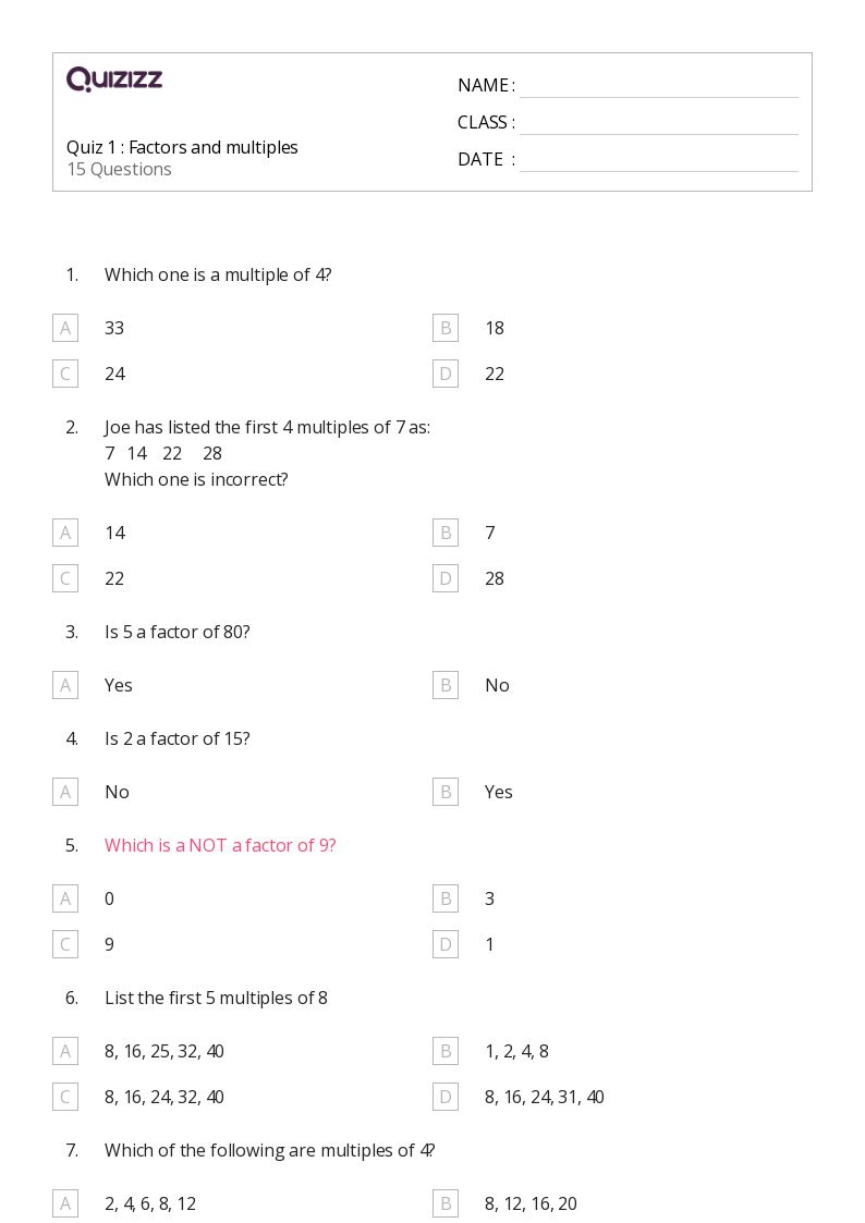 50+ Factors and Multiples worksheets on Quizizz Free & Printable