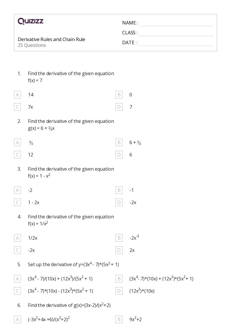 Printable chain rule Worksheets for Grade 11 Quizizz