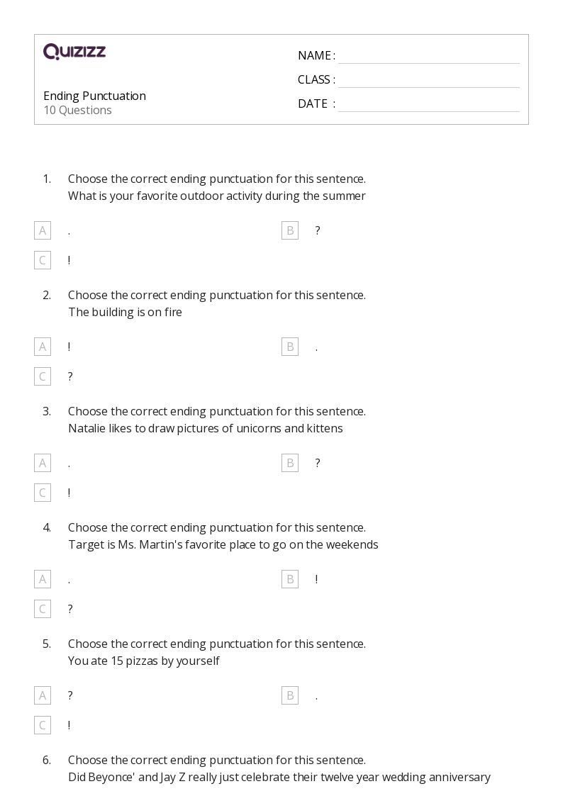 50+ Punctuation worksheets for 5th Class on Quizizz | Free & Printable