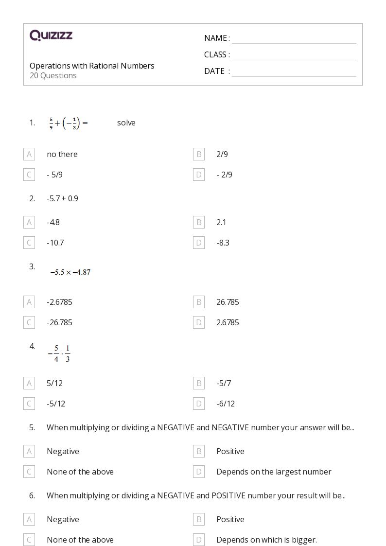 50+ Operations With Rational Numbers worksheets for 7th Grade on Quizizz Free & Printable