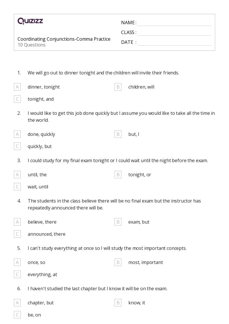 50+ Conjunctions worksheets for Kindergarten on Quizizz Free & Printable