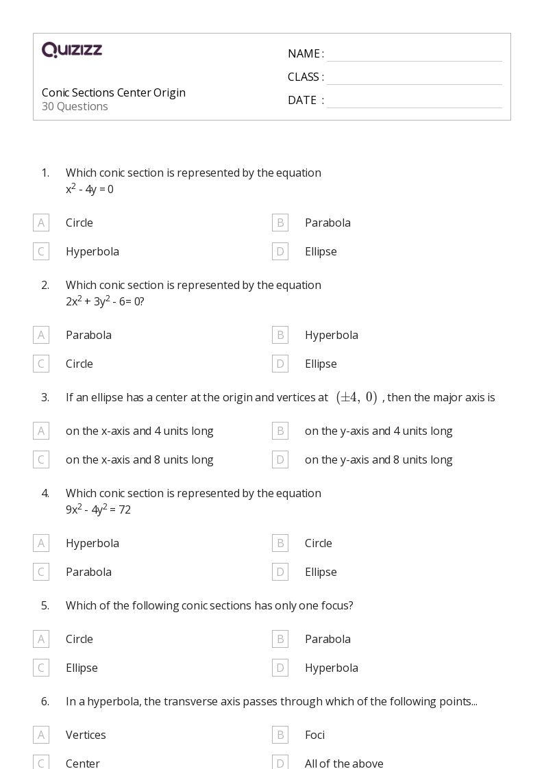 50+ Conic Sections worksheets for Grade 11 on Quizizz Free & Printable