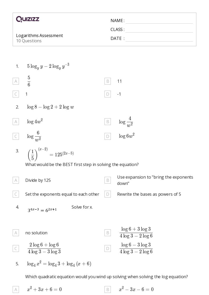 50+ Logarithms worksheets for 12th Grade on Quizizz Free & Printable