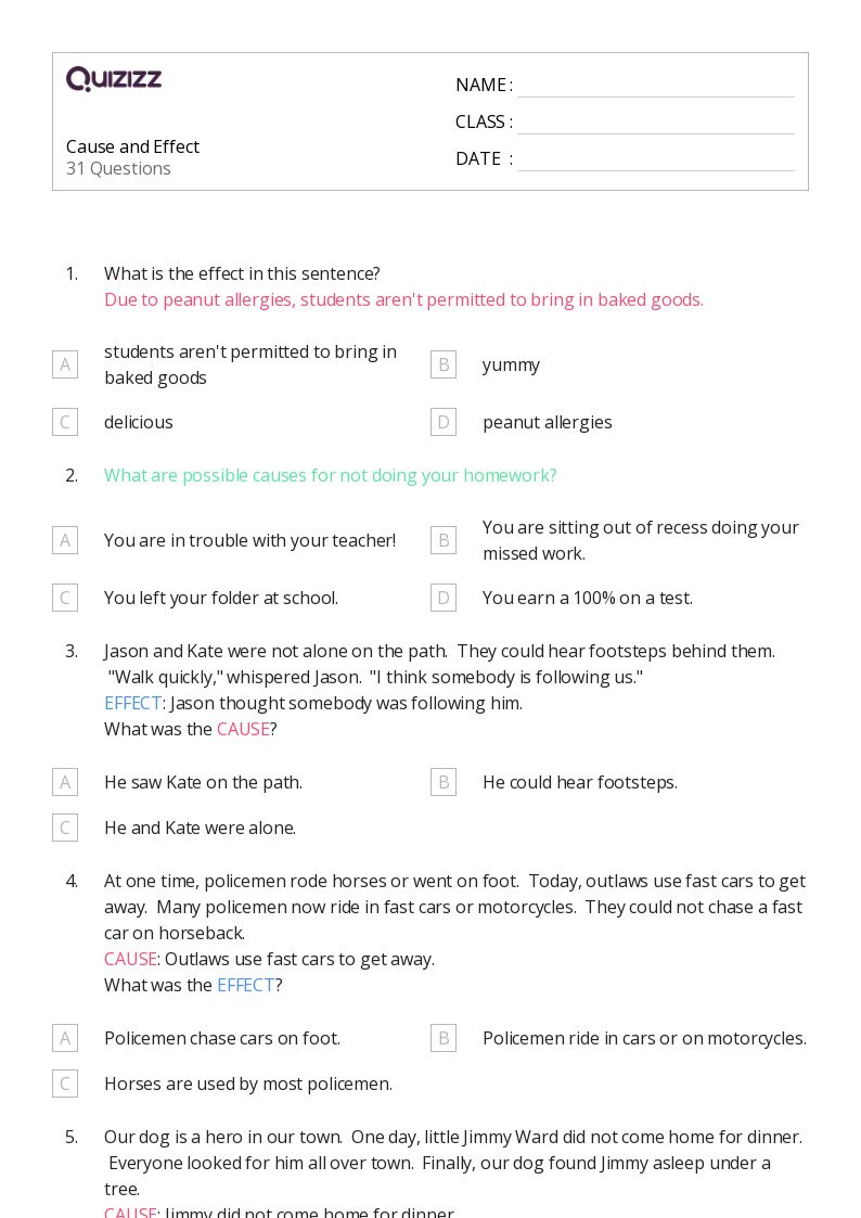 50+ Cause and Effect worksheets for 6th Grade on Quizizz Free & Printable