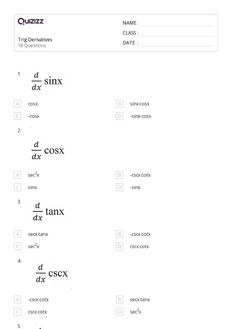 50+ derivatives worksheets for 11th Class on Quizizz | Free & Printable