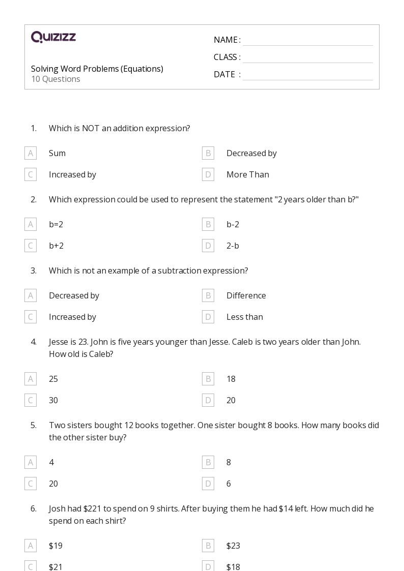 50+ Addition Word Problems worksheets for 7th Grade on Quizizz Free & Printable